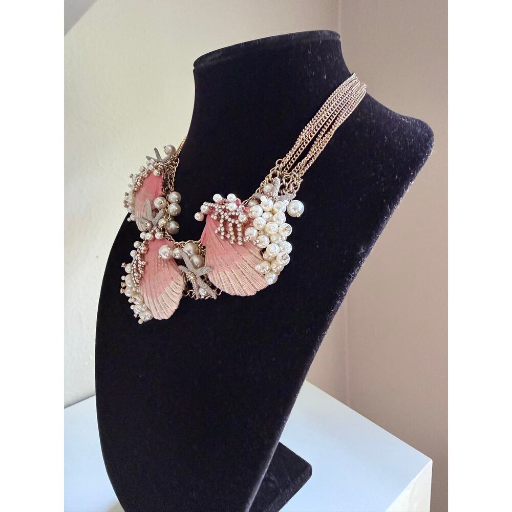 Betsey Johnson Shell Necklace Starfish Pearl Pink Gold Statement Chunky - Picture 5 of 11